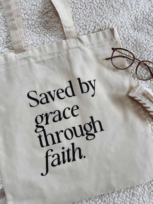 Saved by Grace Through Faith Tote Bag | Christian Tote | Bible Verse Tote | Faith Gift for Women Scripture Canvas Bag Minimal Christian Tote