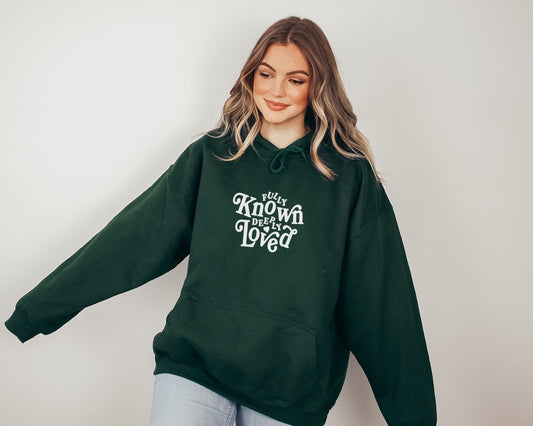 Fully Known and Deeply Loved Hoodie | Christian Hoodie | Bible Verse Pullover | Faith Apparel | Aesthetic Christian Clothing Gifts for Girls