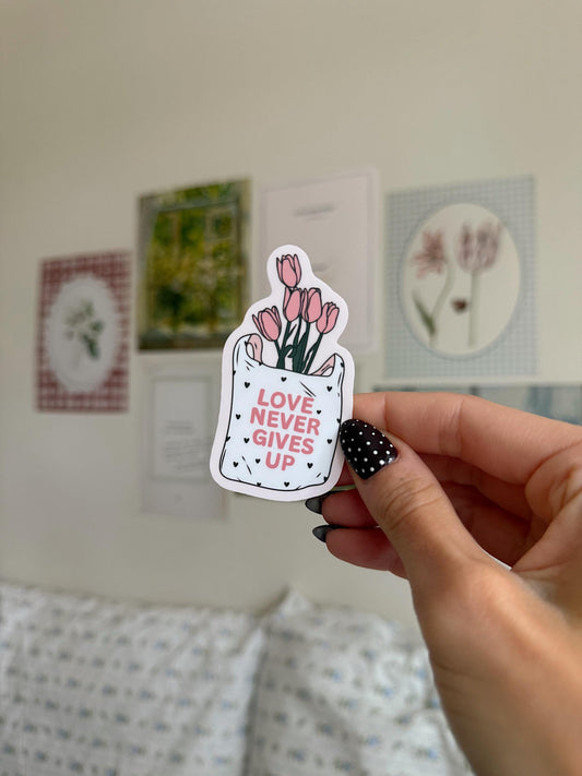 Love Never Gives Up Sticker | Christian Bible Verse Vinyl | Faith Quote Sticker | Aesthetic Floral Christian Sticker for Journals & Laptops