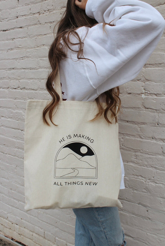 He Is Making All Things New Tote Bag | Christian Tote Bible Verse Tote Bag | Faith Gift for Women Scripture Canvas Bag Reusable Church Tote