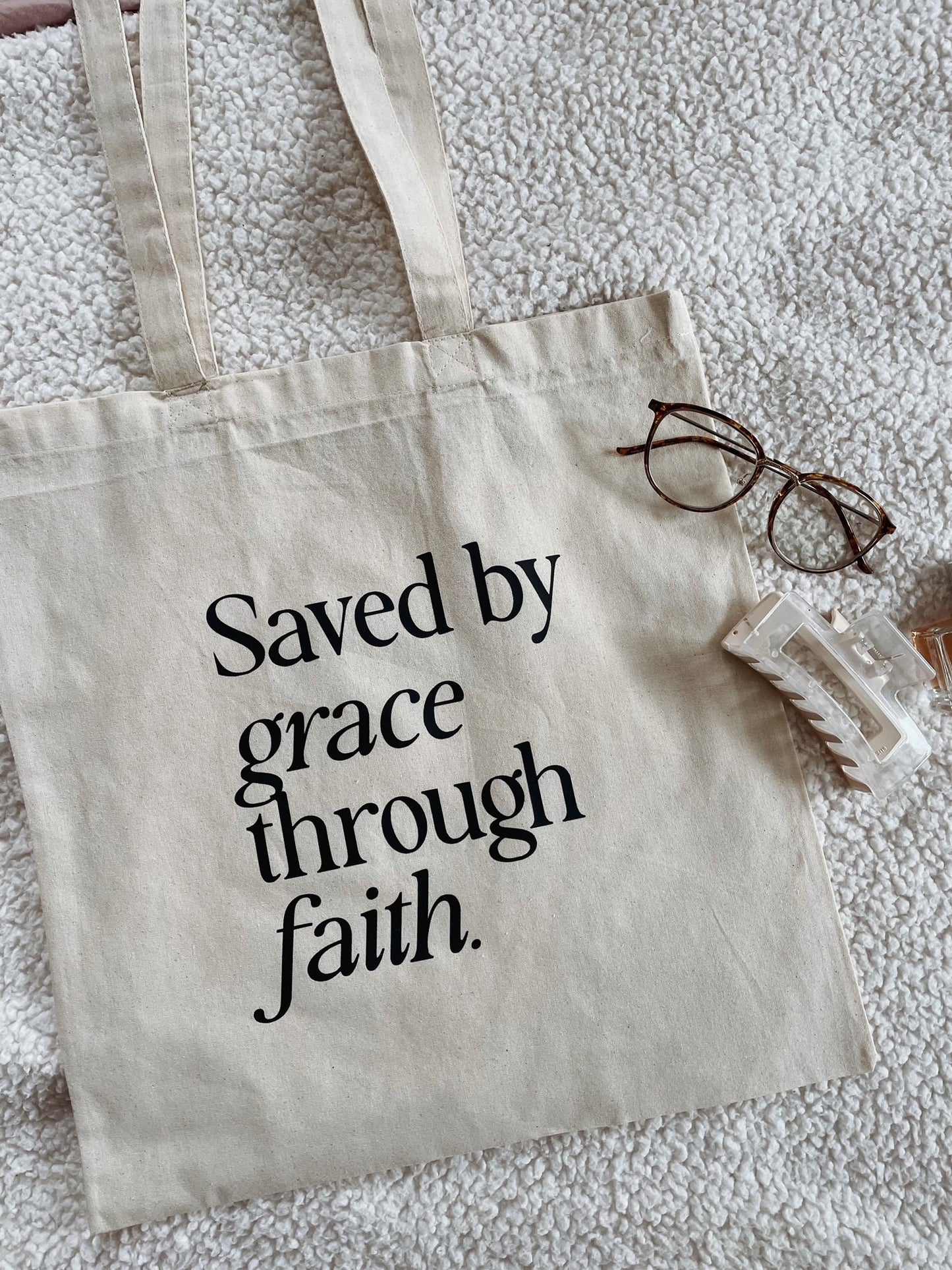 Saved by Grace Through Faith Tote Bag | Christian Tote | Bible Verse Tote | Faith Gift for Women Scripture Canvas Bag Minimal Christian Tote