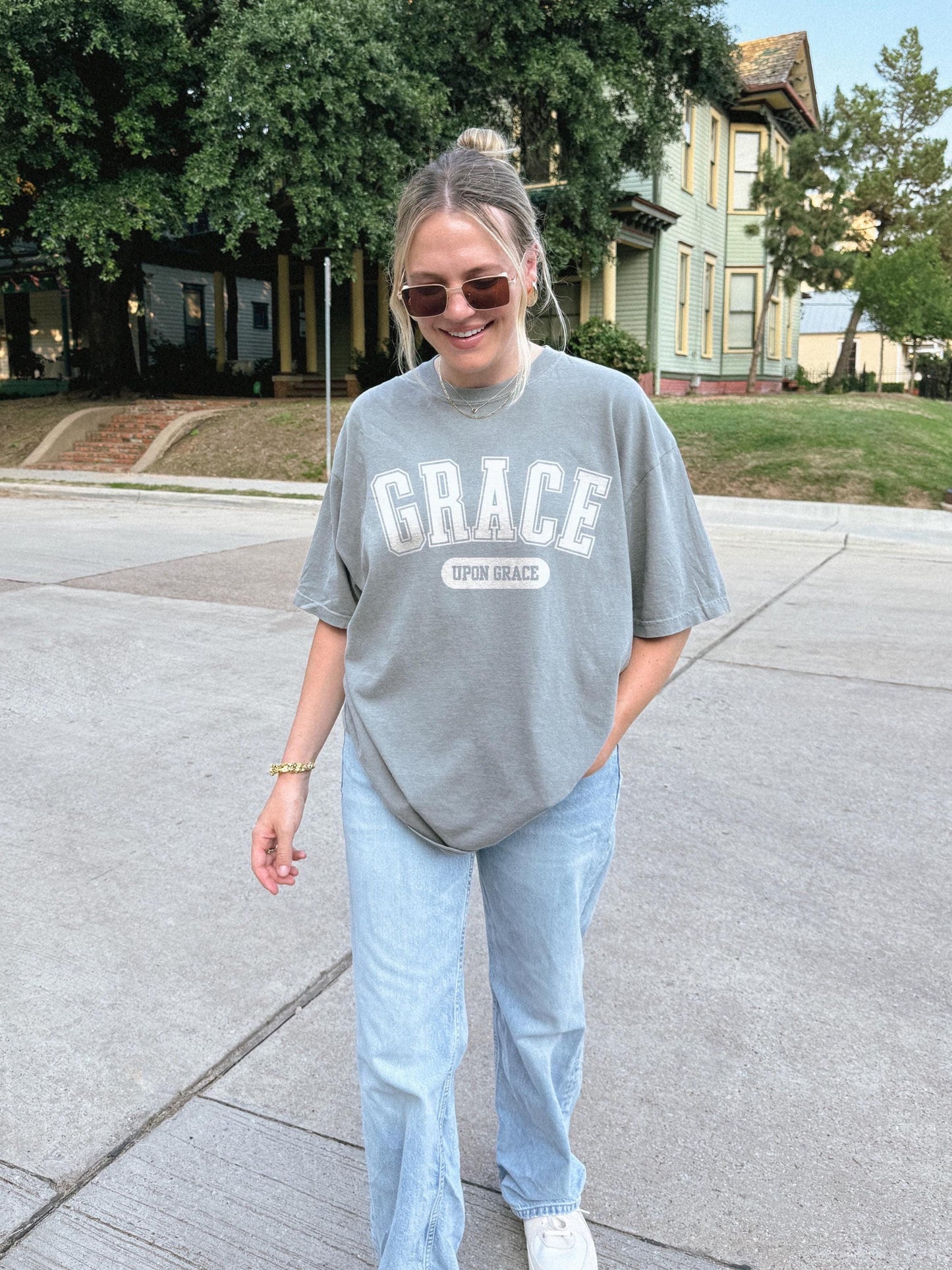 Grace Upon Grace T-Shirt | Christian Comfort Colors Tee | Varsity Letter Faith Shirt | Trendy Bible Verse Tee | Aesthetic Christian Apparel