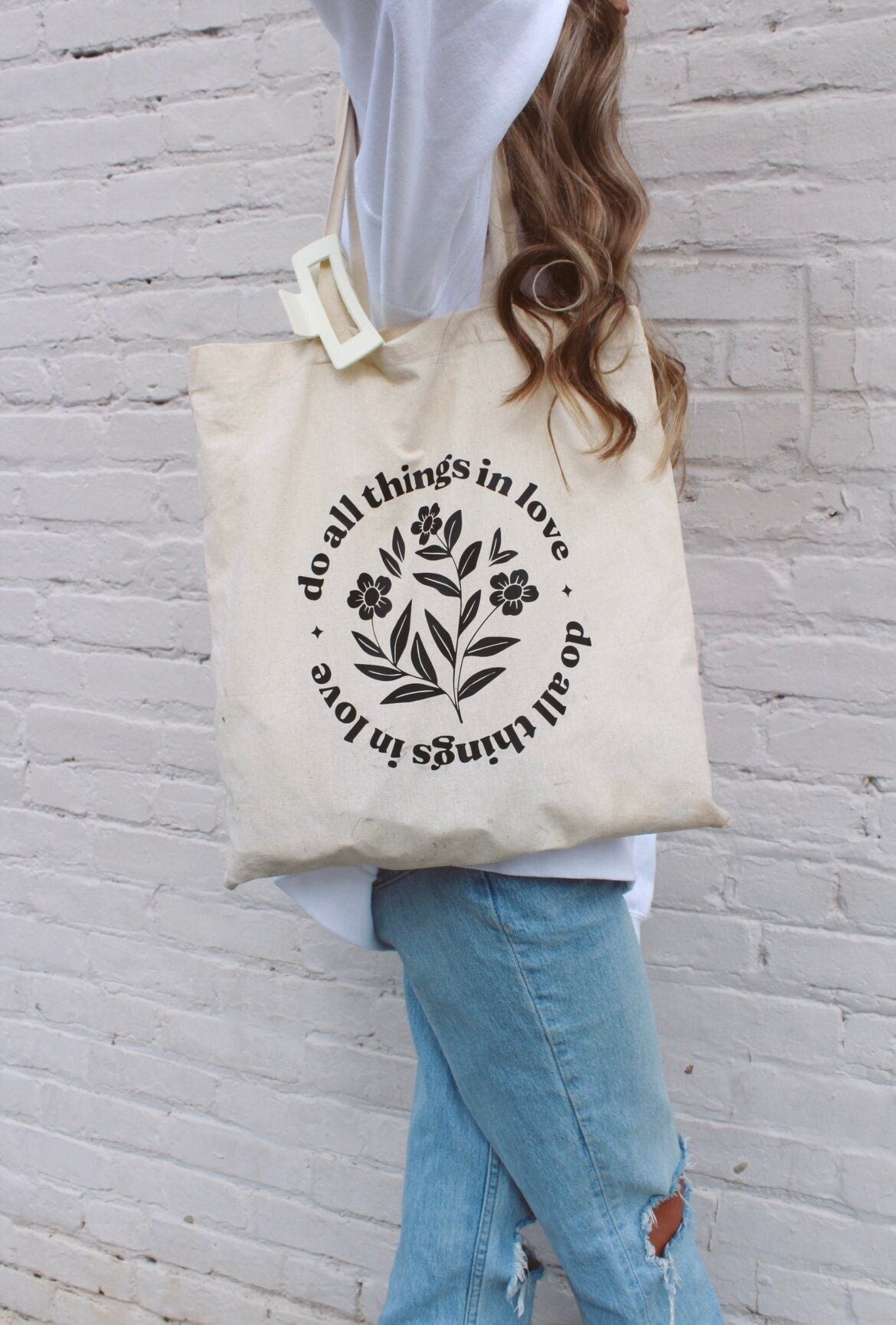 Do All Things in Love Tote Bag | Christian Tote | Bible Verse Tote | Faith Gift for Women | Scripture Canvas Bag | Floral Christian Tote