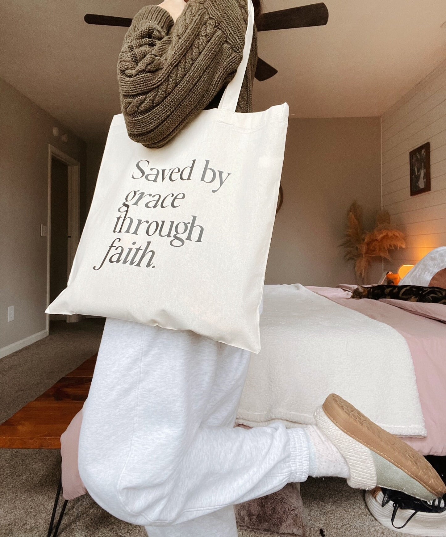 Saved by Grace Through Faith Tote Bag | Christian Tote | Bible Verse Tote | Faith Gift for Women Scripture Canvas Bag Minimal Christian Tote