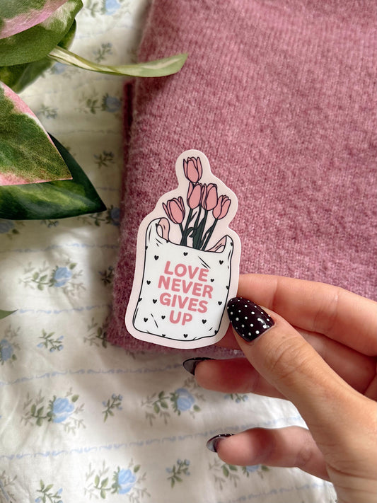 Love Never Gives Up Sticker | Christian Bible Verse Vinyl | Faith Quote Sticker | Aesthetic Floral Christian Sticker for Journals & Laptops
