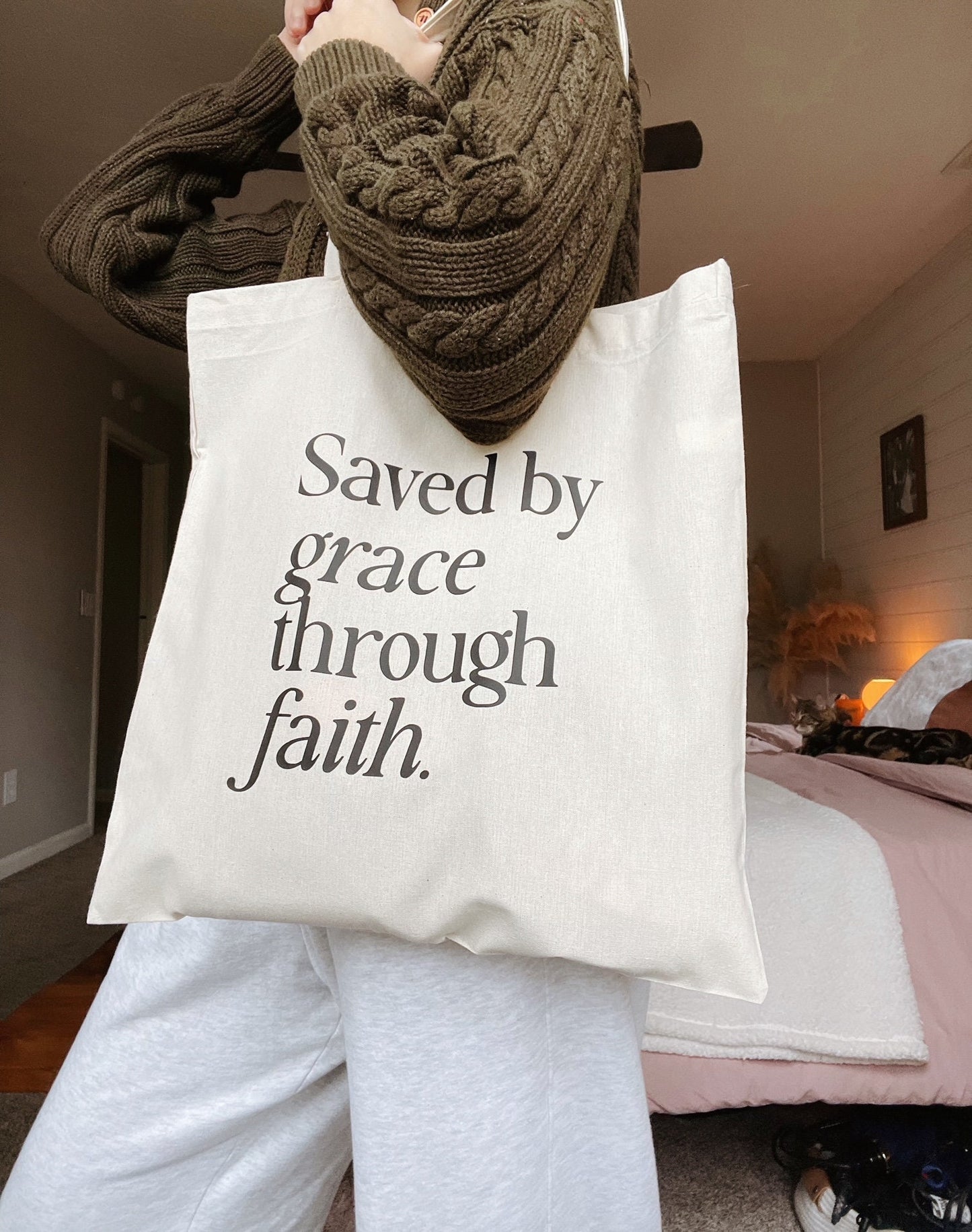 Saved by Grace Through Faith Tote Bag | Christian Tote | Bible Verse Tote | Faith Gift for Women Scripture Canvas Bag Minimal Christian Tote