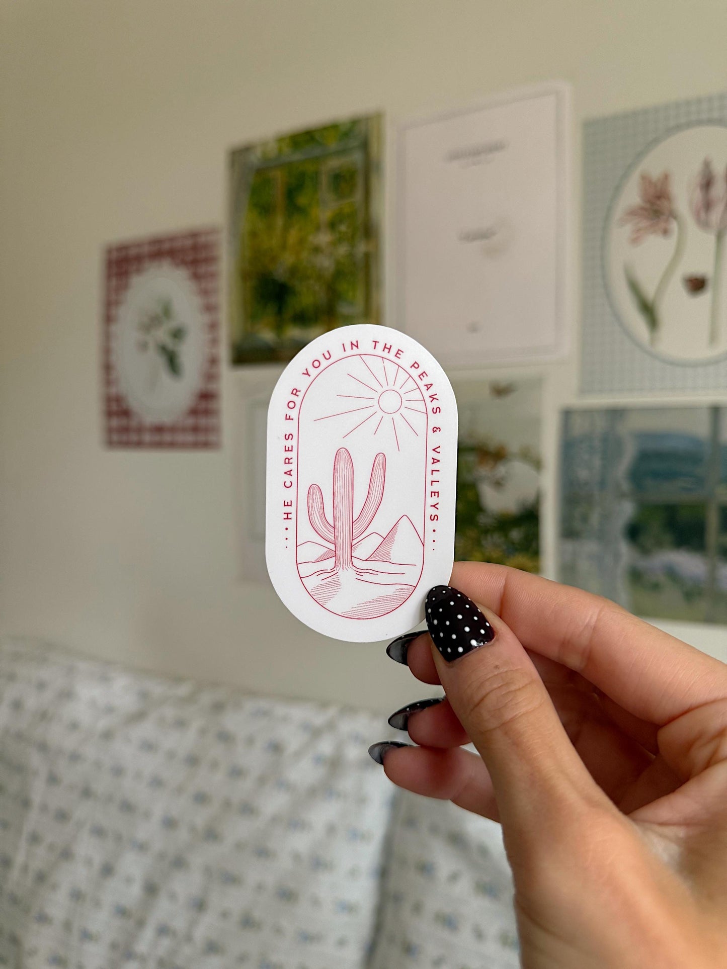 He Cares for You in the Peaks and Valleys Sticker | Trendy Christian Cactus Vinyl Sticker Faith Encouragement Laptop Journal Gifts for Girls