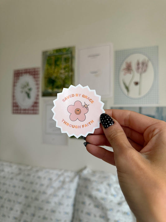 Saved by Grace Through Faith Sticker | Christian Smiley Flower Vinyl Sticker Faith Quote Waterproof Bible Verse Gifts for Christian Girls