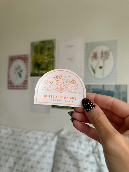 He Restores My Soul Sticker | Psalm 23:3 Trendy Christian Floral Vinyl Sticker Bible Verse Faith Sticker Laptop Journal Water Bottle