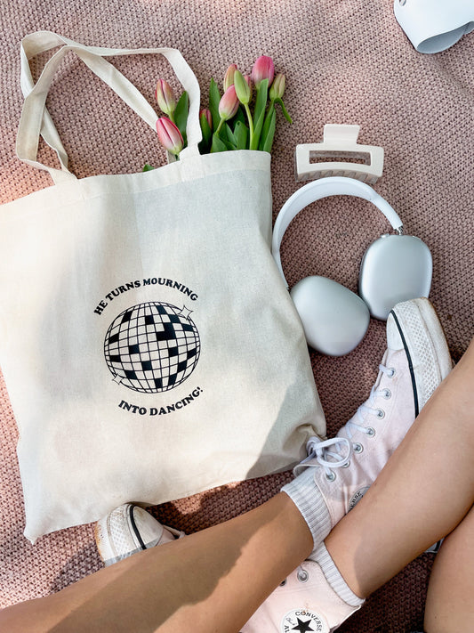 He Turns Mourning Into Dancing Tote Bag | Christian Tote | Bible Verse Tote | Faith Gift for Women | Scripture Canvas Bag | Worship Tote