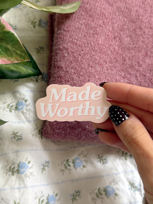 Made Worthy Sticker | Christian Vinyl Faith Quote Sticker Encouraging Bible Verse Reminder Pastel Aesthetic Gifts for Christian Girls Laptop