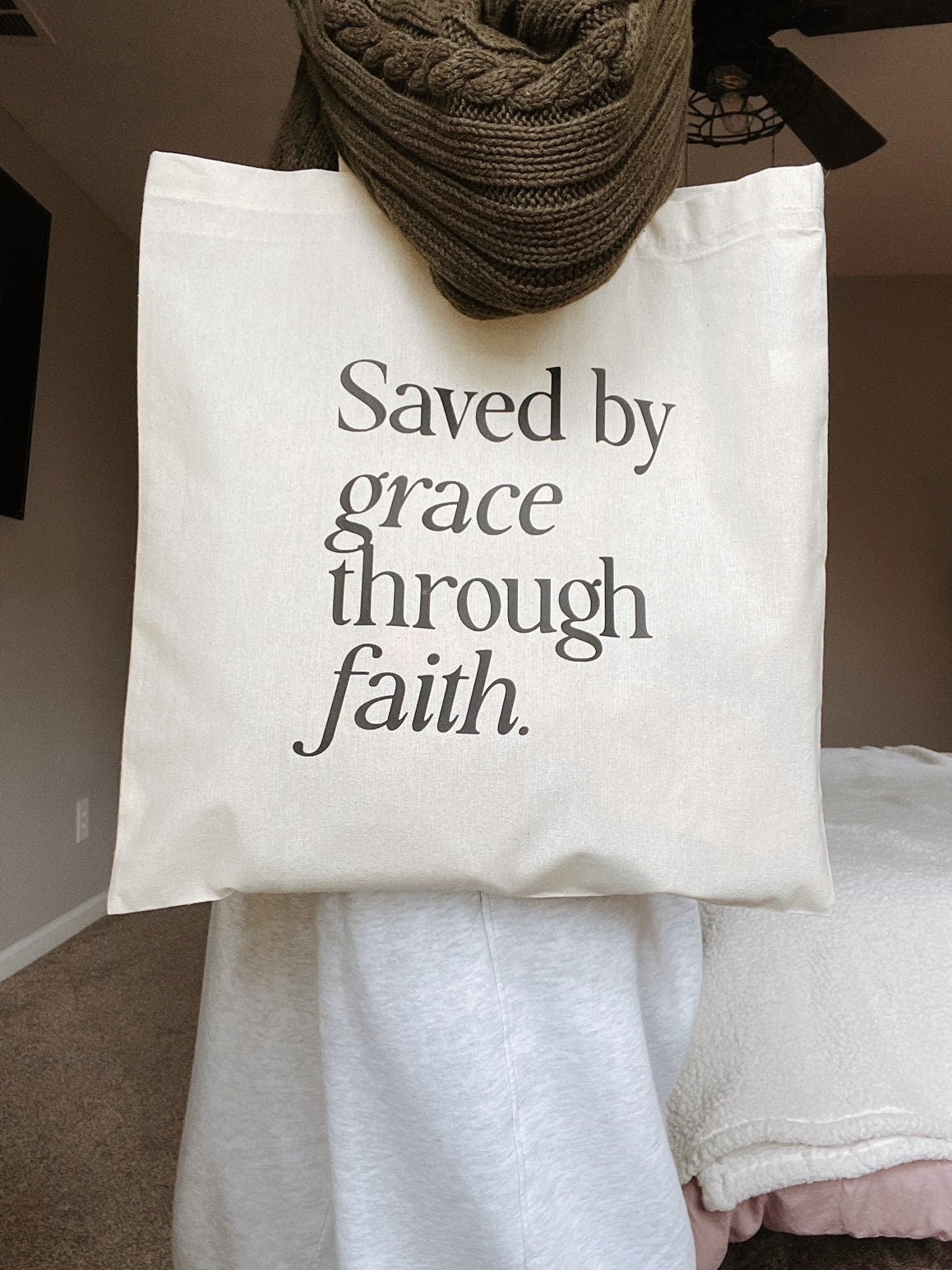 Saved by Grace Through Faith Tote Bag | Christian Tote | Bible Verse Tote | Faith Gift for Women Scripture Canvas Bag Minimal Christian Tote