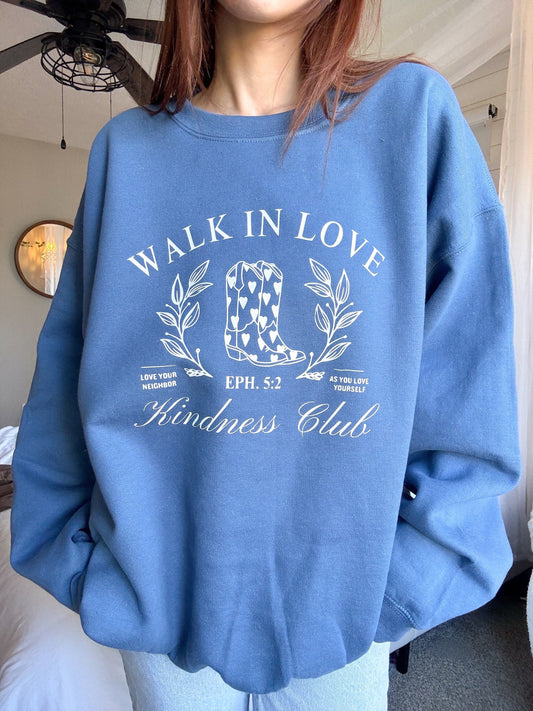 Walk in Love Kindness Club Crewneck | Christian Sweatshirt | Bible Verse Pullover | Trendy Faith Apparel | Aesthetic Christian Clothing