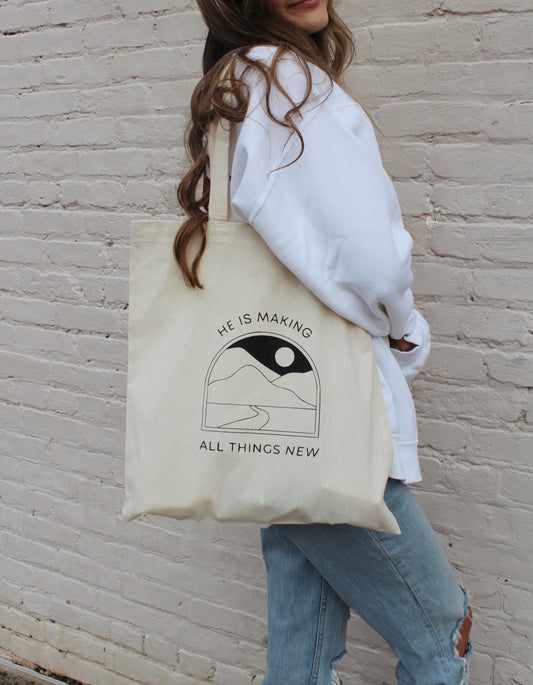He Is Making All Things New Tote Bag | Christian Tote Bible Verse Tote Bag | Faith Gift for Women Scripture Canvas Bag  Reusable Church Tote