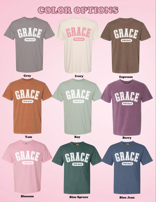Grace Upon Grace T-Shirt | Christian Comfort Colors Tee | Varsity Letter Faith Shirt | Trendy Bible Verse Tee | Aesthetic Christian Apparel