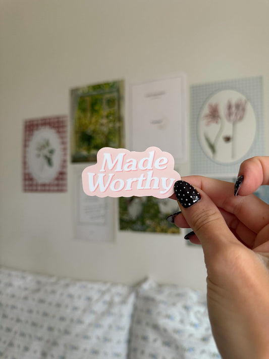 Made Worthy Sticker | Christian Vinyl Faith Quote Sticker Encouraging Bible Verse Reminder Pastel Aesthetic Gifts for Christian Girls Laptop