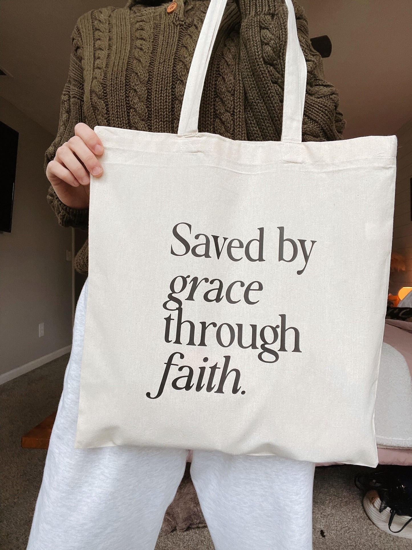 Saved by Grace Through Faith Tote Bag | Christian Tote | Bible Verse Tote | Faith Gift for Women Scripture Canvas Bag Minimal Christian Tote