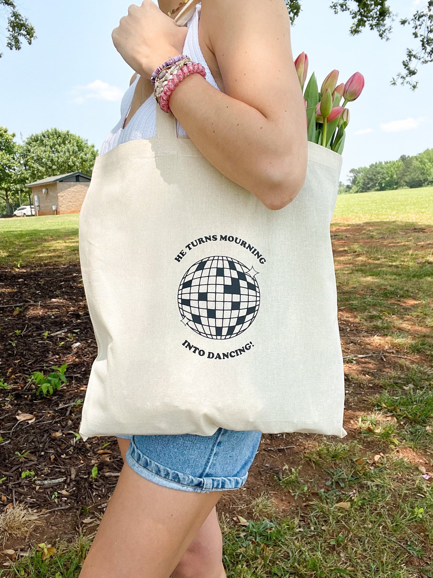 He Turns Mourning Into Dancing Tote Bag | Christian Tote | Bible Verse Tote | Faith Gift for Women | Scripture Canvas Bag | Worship Tote