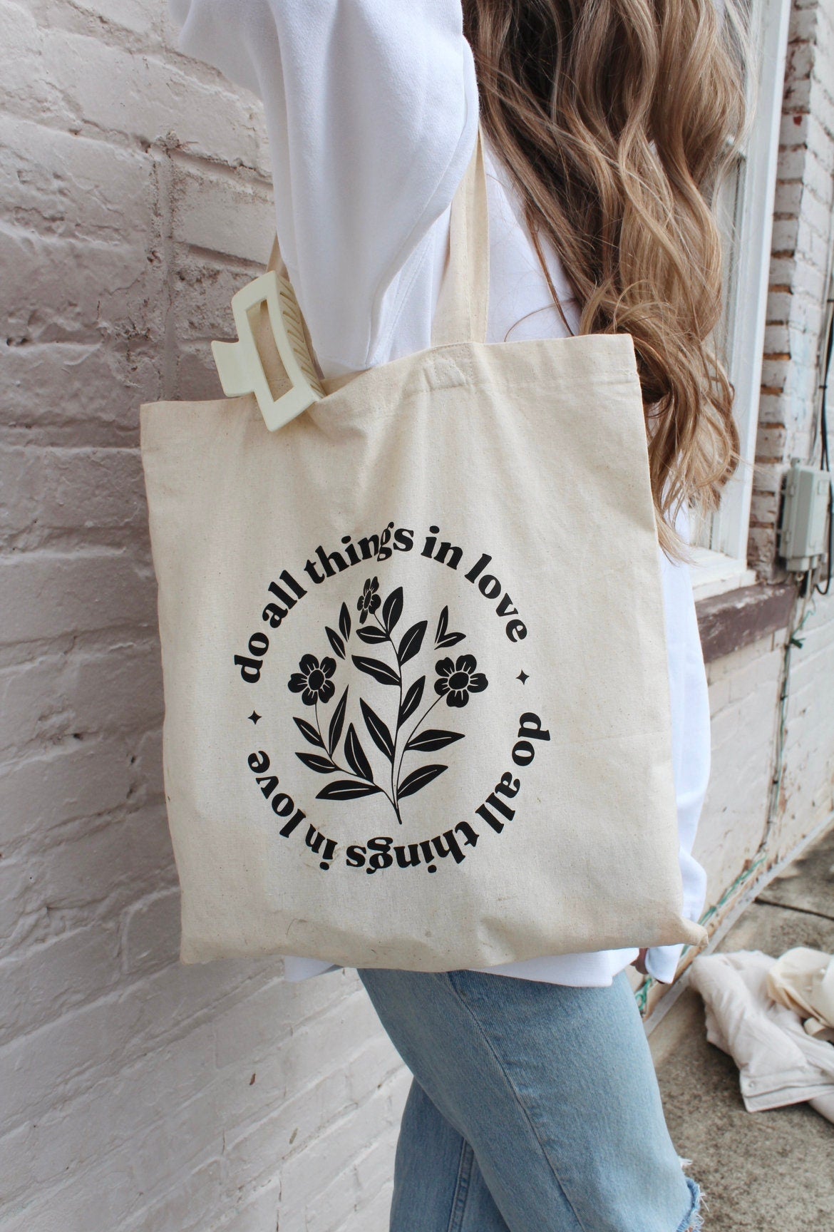Do All Things in Love Tote Bag | Christian Tote | Bible Verse Tote | Faith Gift for Women | Scripture Canvas Bag | Floral Christian Tote