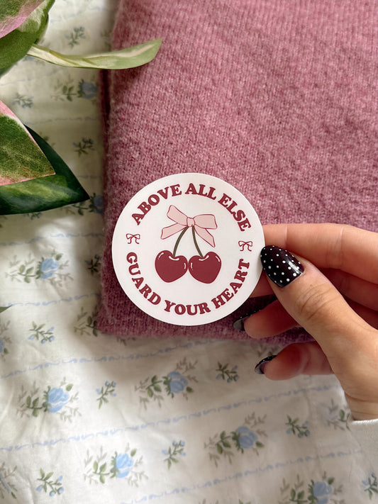 Above All Else Guard Your Heart Sticker | Christian Cherry Vinyl Bible Verse Faith Sticker Aesthetic Christian Gift for Laptop Water Bottle